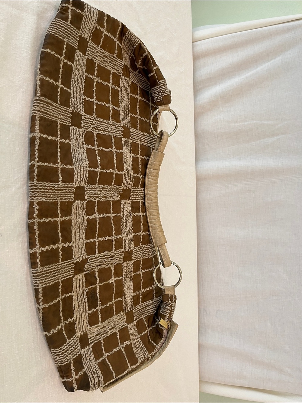 Renato Angi Taupe and Cream Woven Shoulder Bag with Gold Hardware